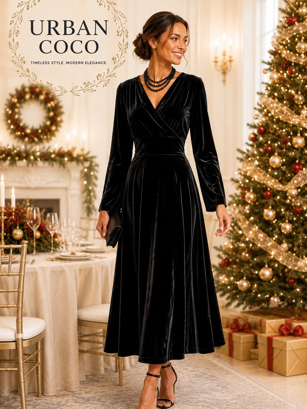 NWT,Urban CoCo, V-Neck,Velvet Stretchy Long Dress,Twirl-able, Slimming, Size M